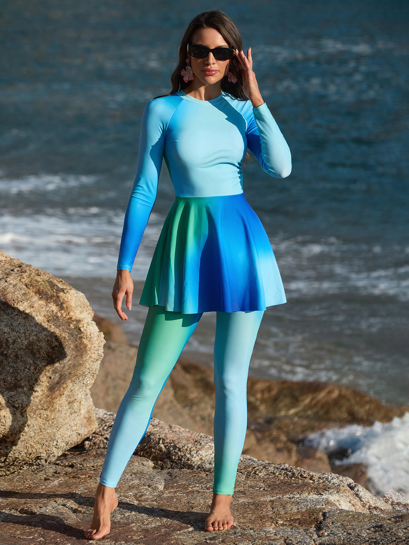 Womens Long Sleeve Color Block Athletic Swimwear Set With Leggings